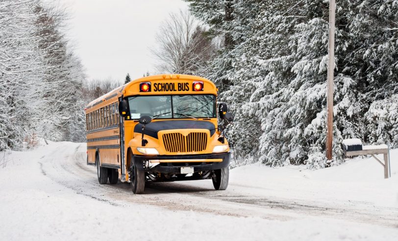 School bus on road in winter